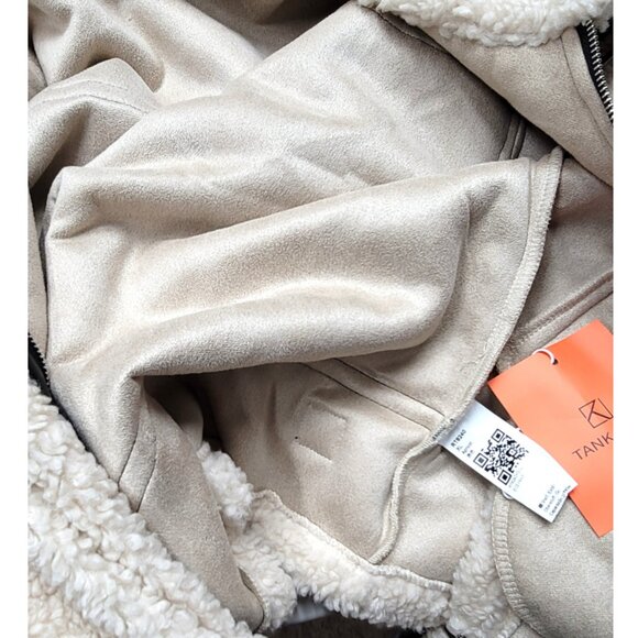 NWT Tankaneo Sherpa Moto Leather Patchwork Zip Up Coat XL - Picture 11 of 15